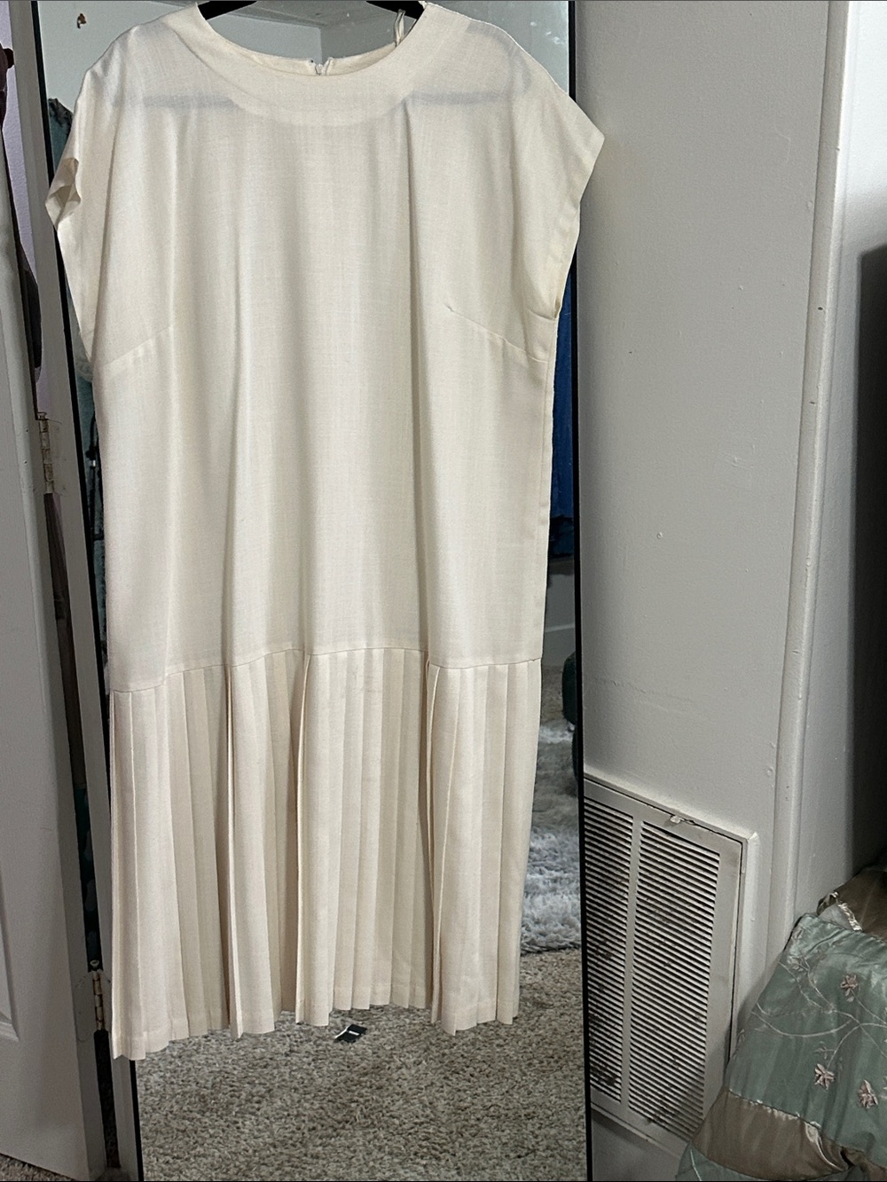 Cream Pleated Drop-Waist Midi Dress